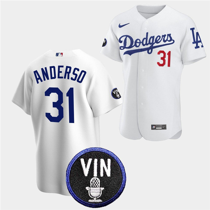 Men's Los Angeles Dodgers #31 Tyler Anderson 2022 White Vin Scully Patch Cool Base Stitched Baseball Jersey